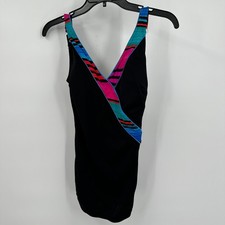 Roxanne Vintage Black One Piece Swimsuit Multi Color Striped Trim Size 12/34 B