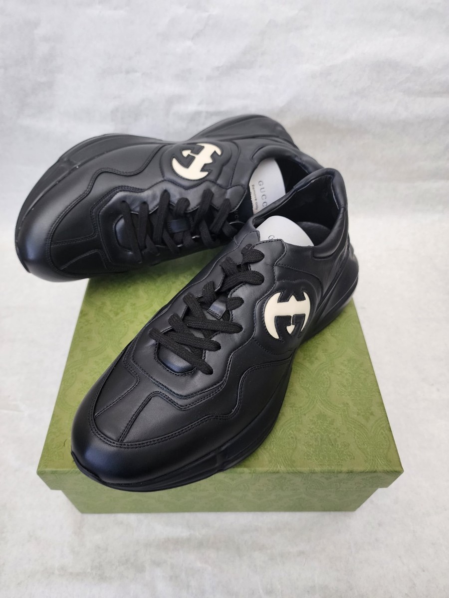Gucci Black Rhyton Leather Sneakers With Side Interlocking GG Logo