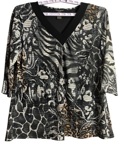 Susan Lawrence Woman 1X Blouse Animal Print 3/4 Sleeve V-Neck Lined Stretch Euc