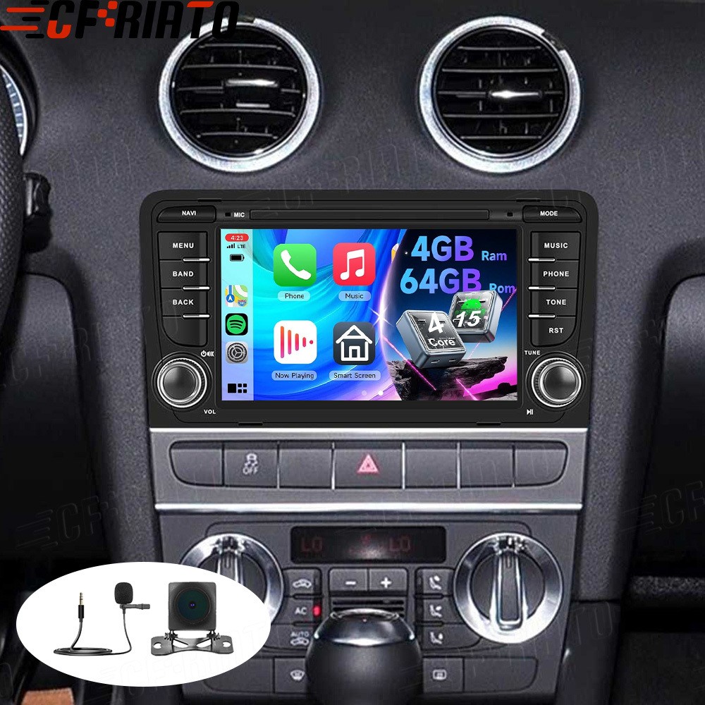 4G+64GB Android 15 per AUDI A3 8P 2003-2013 Autoradio Apple Carplay 7'' Navi Kam
