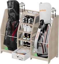 Golf Bag Storage Organizer for Garage, Premium Wooden 2 Golf Bags Rack with Draw