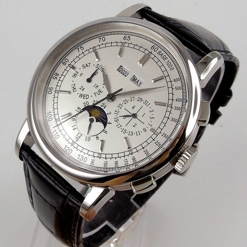 Reloj Estéril 42mm Automático Hombre Fecha Mes Año Semana Correa Cuero Blanco/Negro - Imagen 15 de 23