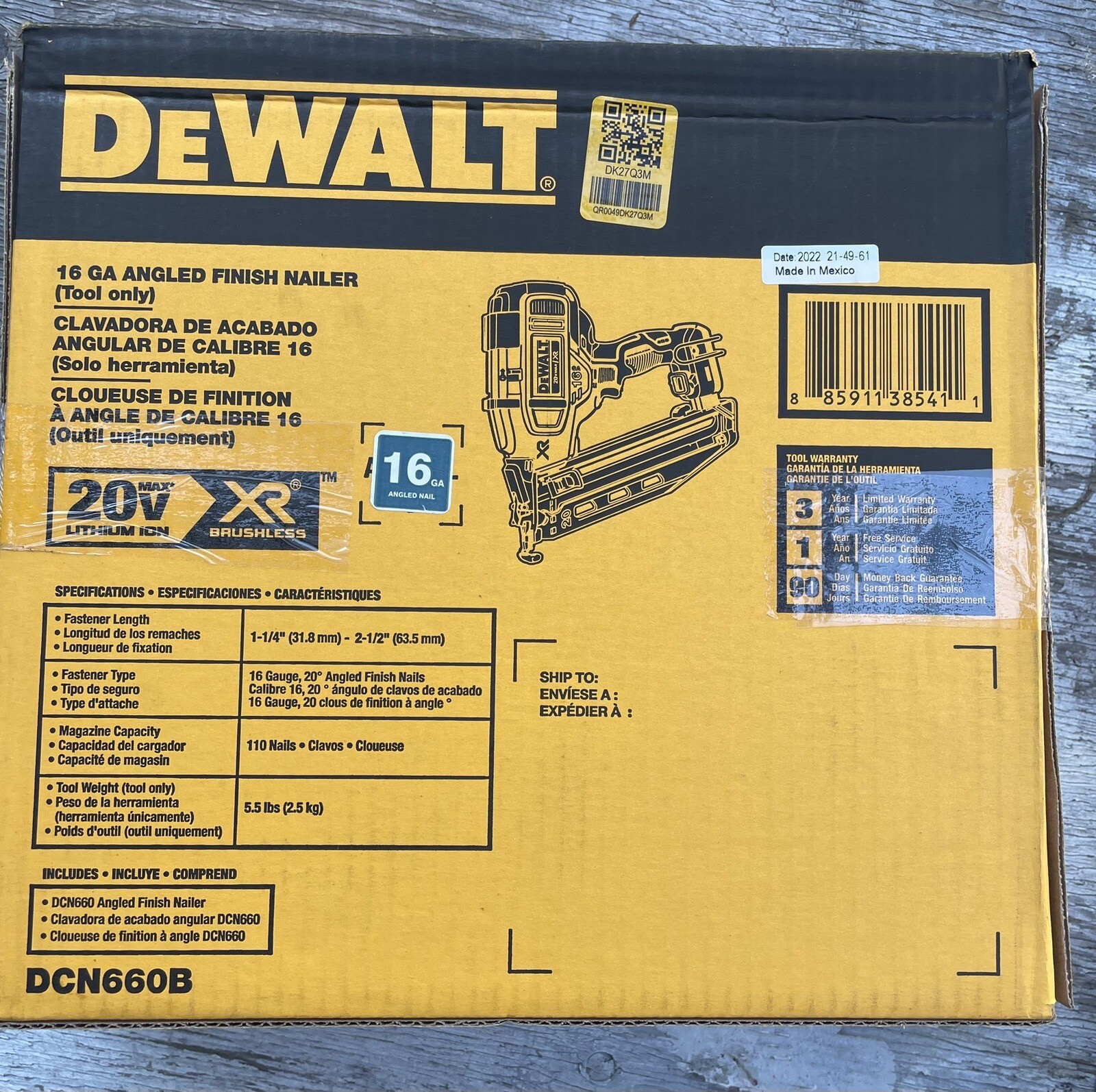 DeWalt DCN660B 20V XR Brushless 16 GA Angled Finishing Nailer New Open