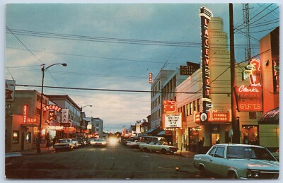 Fairbanks Alaska city street view signs lights twinkling at sunset AK Unposted