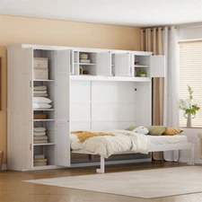 Queen Size Side Flip Murphy Wall Bed with Cabinets Space Saving Wood Hidden Bed