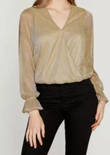 Belldini Women's Gold Lurex Blouson Sleeve Wrap Top Size S
