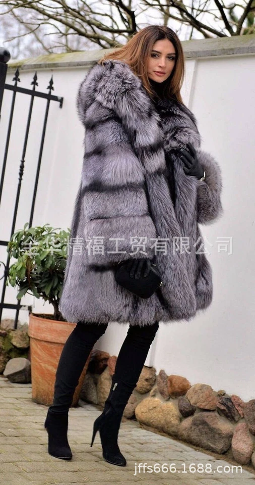 Occident American Style Winter Womens Faux Fox Fur Coat Mid Long Overcoat Hooded - Image 3 of 4