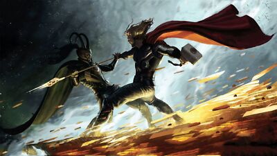 Marvel comics thor loki hammer spear battle comic art playmat gaming mat