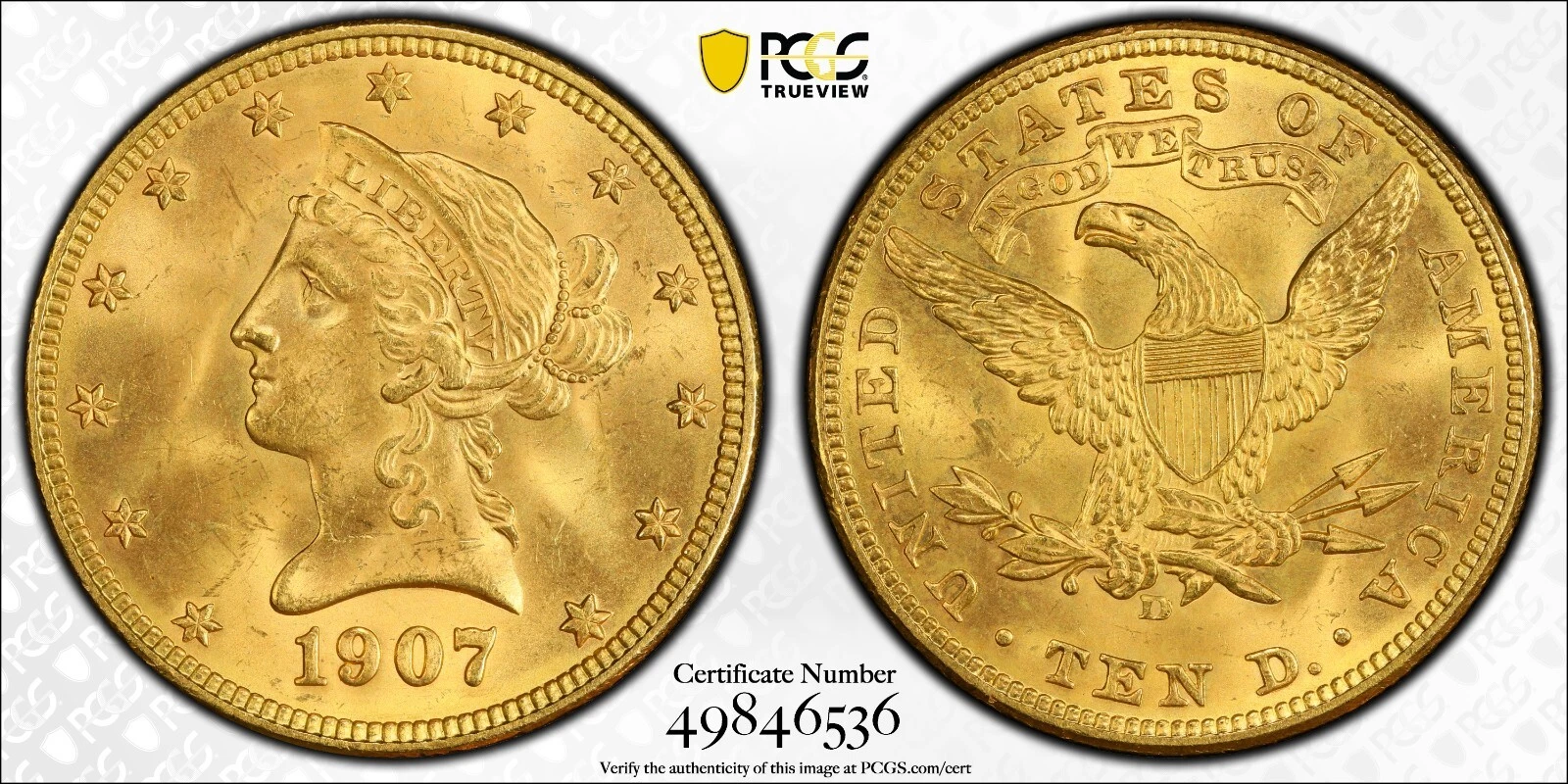 1907-D $10 LIBERTY HEAD GOLD EAGLE, PCGS MS64+,ONLY 15 GRADED HIGHER BY PCGS/NGC