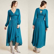 Anthropologie Gwendolyn Turquoise High Low Long Sleeve Boho Maxi Dress Sz 2 NEW
