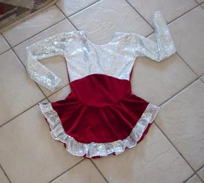 HANDMADE NEW Girls RED VELVET White Confetti SEQUIN Competition FIGURE ICE SKATING Dress