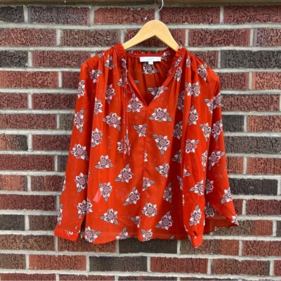LOFT Brick Orange and White Floral Print V Neck Chiffon Billow Peasant Top