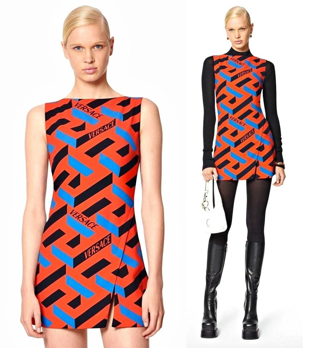 VERSACE La Greca 3-D Maze Logo Monogram Print Mini Dress sz US M/ IT 46  $1795