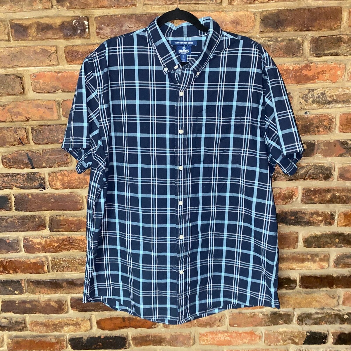 Old Navy Blue Plaid Slim Fit Short Sleeve Button Down Shirt