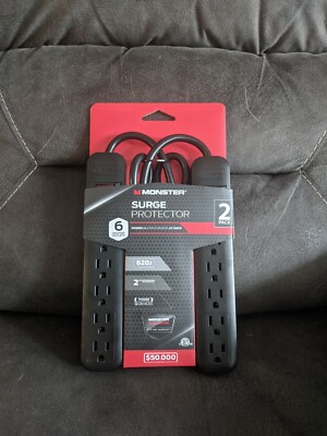 Monster Essential 6 Outlet Power Surge Protector Black 620J Joules 2 Pack