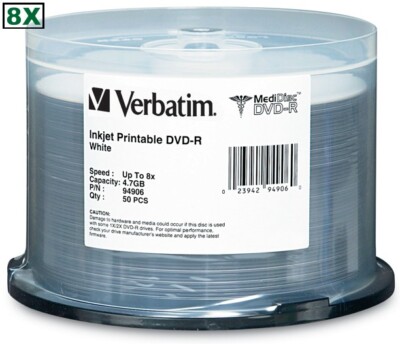 100-Pak Verbatim 4.7GB 8X MediDisc  White Inkjet ARCHIVAL DVD-Rs, Verbatim 94906