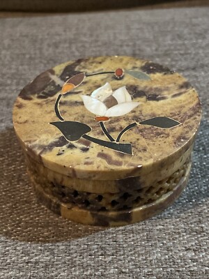 Vintage India Round Soapstone Trinket Box with Lid Floral Designs.