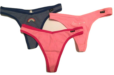 Victorias Secret Thong Panties Size S 3 PCS Ribbed Cotton Rainbow Plain Love