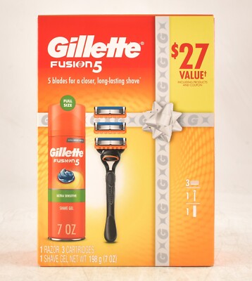 *GILLETTE Fusion 5 Gift Pack Kit, 1 Razor, 3  Blade Cartridges & Shave Gel