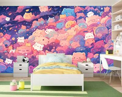 Kawaii Doodle Monster, Stadt, Katze Tapete Wandbild Abnehmbar Abwaschbar Abziehen & Aufkleben