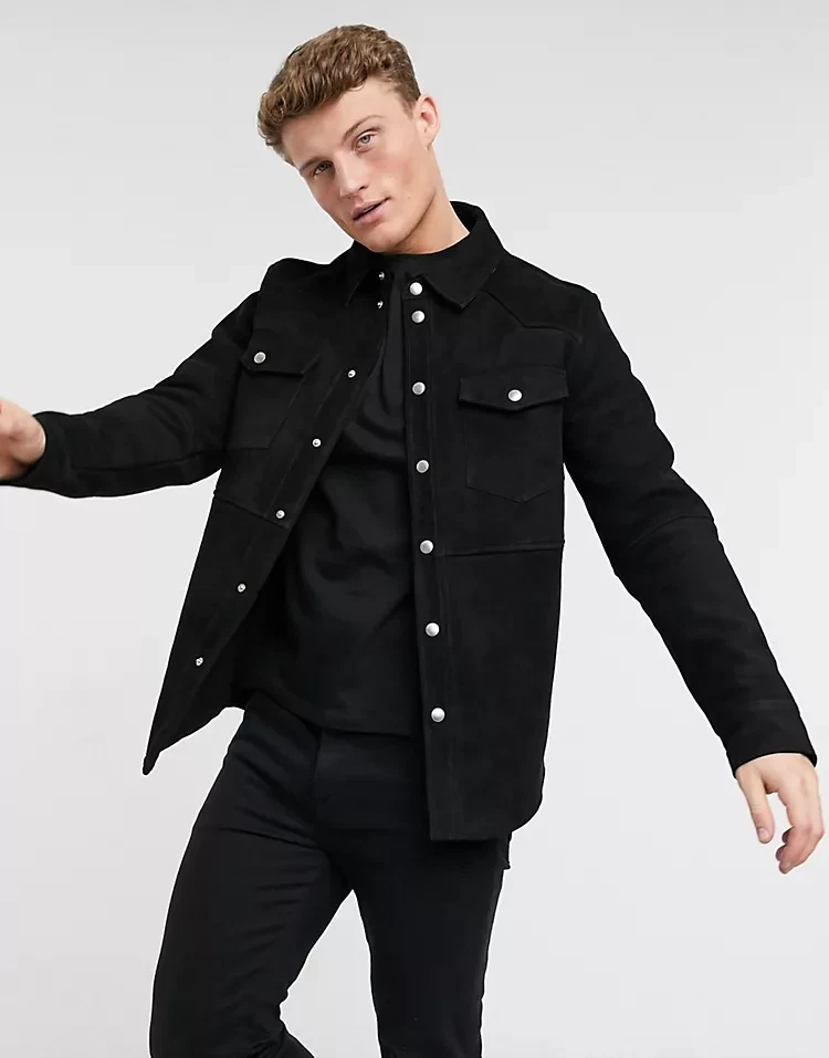 Men Black Leather Shirt Jacket Pure Suede Slim Fit Custom Made Size S M L XL-161
