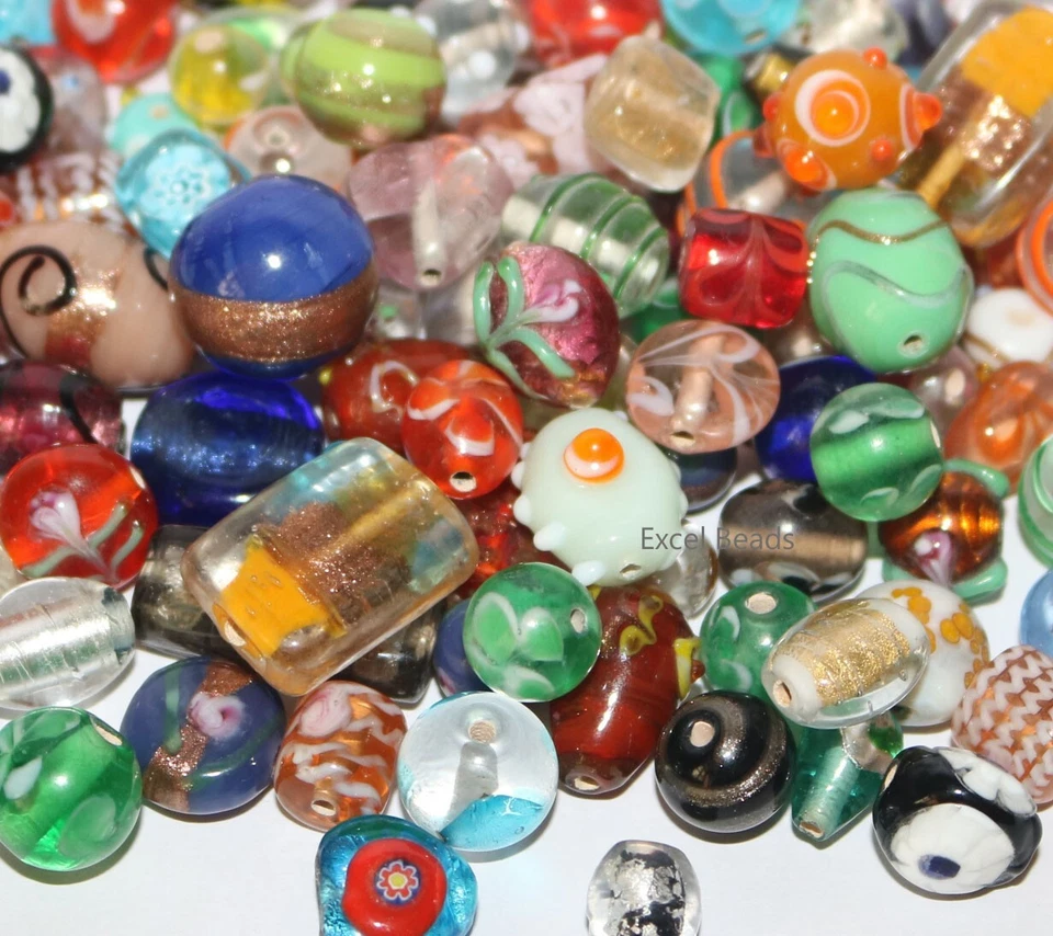 200 cuentas de vidrio de murano de estilo y colores mixtos, mezcla de cuentas de vidrio hechas a mano. Foto 2 de 4