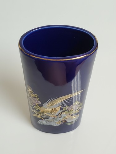 Ceramic Cobalt Blue with Gold Birds & Flower Tube Vase Small 6" Made in Japan - Picture 6 of 12