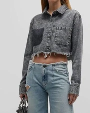 $345 SER.O.YA Women's Black Ivy Distressed Crop Denim Military Jacket Size XS