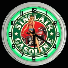 16" SINCLAIR Gasoline Sign Pin Up Girl Green Neon Clock Gas