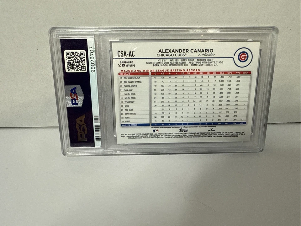 2024 Chrome Sapphire Edition /199 Alexander Canario PSA 9  MINT Rookie Auto RC - Image 2 of 2