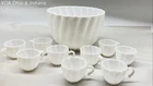Vintage Milk Glass Punch Bowl Set 11 Pc Swirl Ribbed Pattern White 10 Cups