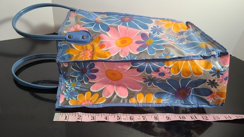 VINTAGE RETRO 1960'S-70'S VINYL CLEAR TOTE BAG Pink Blue & Orange Flowers 14x9x5 - Picture 11 of 13