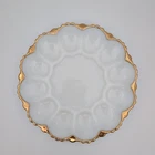 Vintage Anchor Hocking Deviled Egg/Oyster Plate Milk Glass Gold Rim MCM