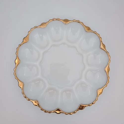 Vintage Anchor Hocking Deviled Egg/Oyster Plate Milk Glass Gold Rim MCM