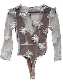 For Love & Lemons Skivvies Bodysuit XS NWT Sheer Lace Embroidered Nude Ivory NEW