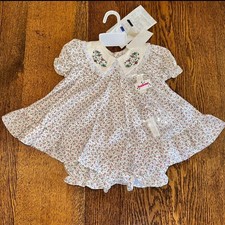Vtg 90s Sears Baby Dress Bloomers Floral Embroidered Peter Pan Collar 6-9 Months