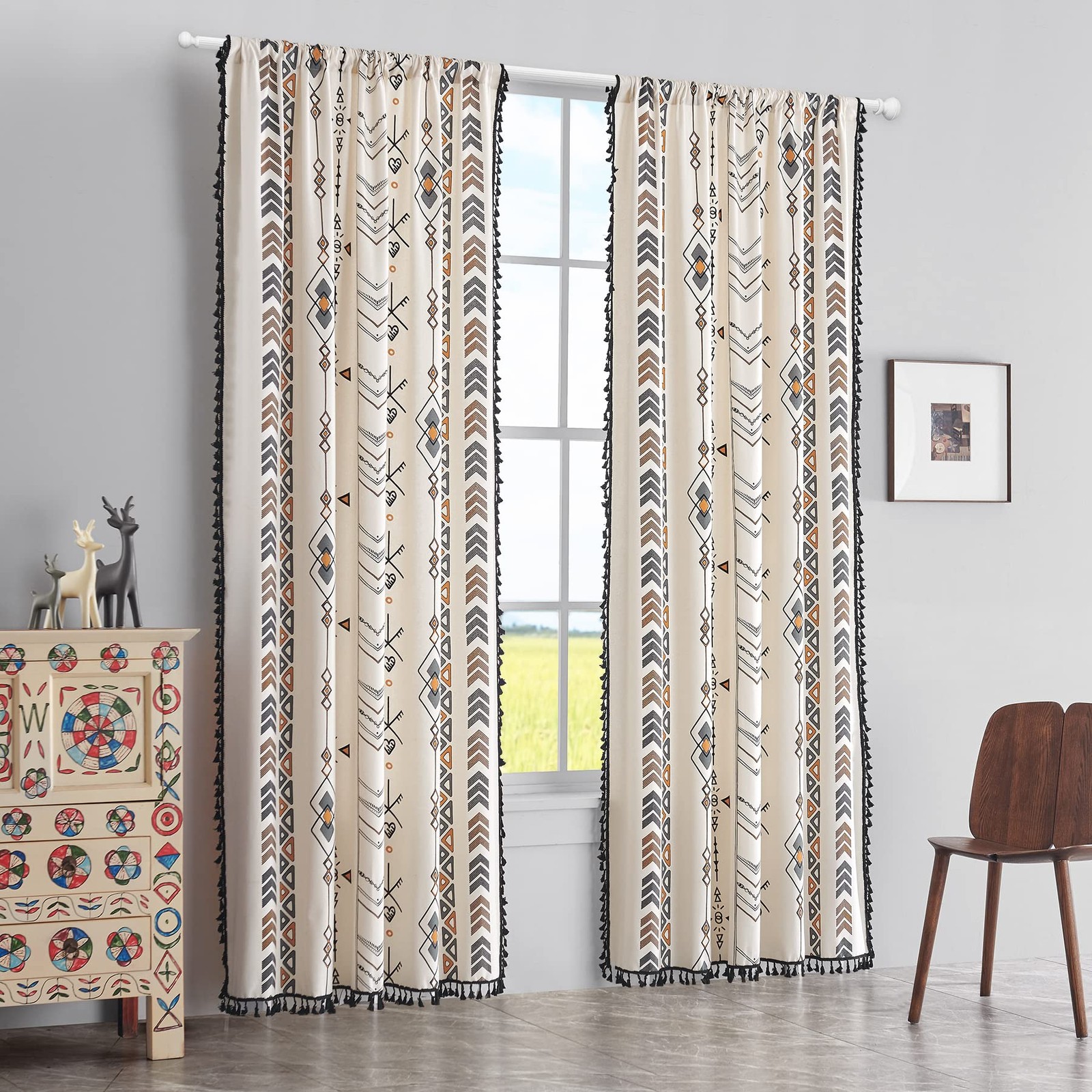 Rideaux géométriques bohèmes en lin lourd tissé pour une décoration de chambre élégante
