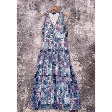 New Boston Proper Dress Medium Womens Blue & Purple Floral Tiered Chiffon Maxi