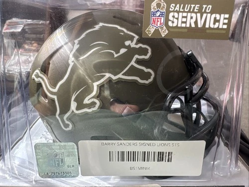 Barry Sanders Autographed Riddell Mini Helmet. Salute to Service. Pristine COA