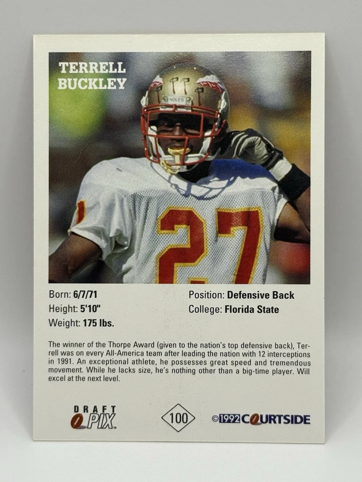 Terrell Buckley (FSU) 1992 Courtside Draft Pix #100 Authentic Auto RC - Image 2 of 2