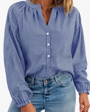 Feminine Puff Long Sleeve Gingham Pleated V Neck Blouse Size Large Blue NWOT