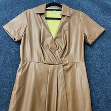 Nine West Dress Womens Medium Brown Faux Leather Wrap Midi Short Sleeve Collared