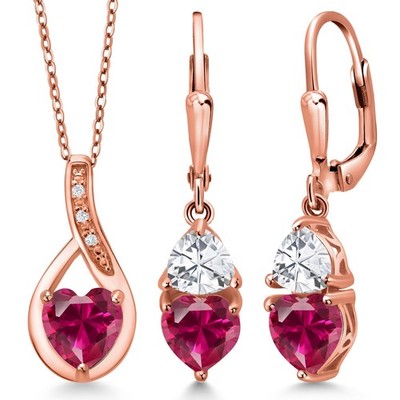 18K Rose Gold Plated Silver Created Ruby Pendant Earrings Set For Women (4.86