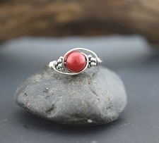 Sterling Silver Red Coral and Bali Bead Ring