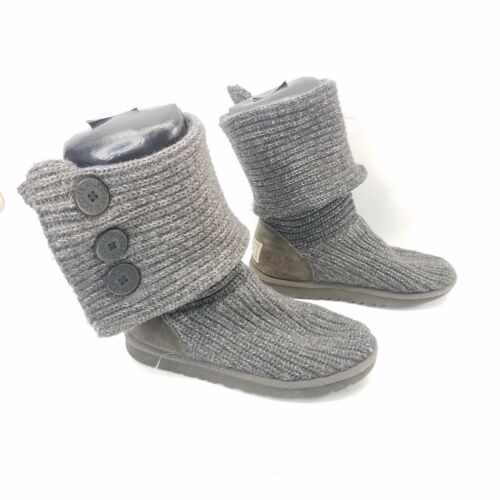 Ugg Australia Classic Cardy Fold Over Knit Gray Silver 3 Button Boots 1876 Sz 7 - Afbeelding 1 van 7