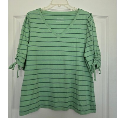 Talbots Striped Tee Shirt Cotton Short Sleeve Gather Ties Sz L Casual Spring