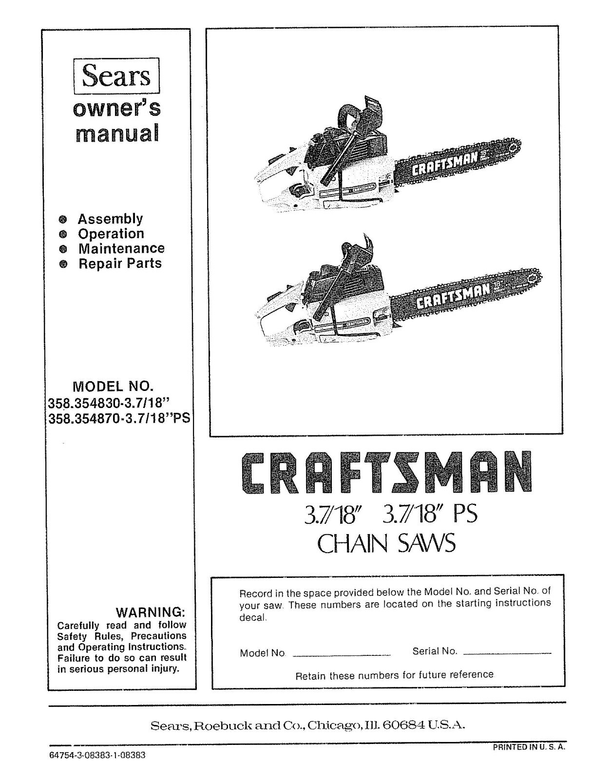 Instruction Maint Manual Craftsman Chainsaw Model 358.354830 3.7/18 PS ...
