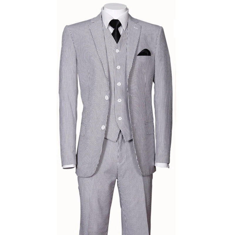 Men's 3 Piece Fashion Striped Seersucker Suit With Vest&Pants Slim Fit 2 Button - Image 3 of 4