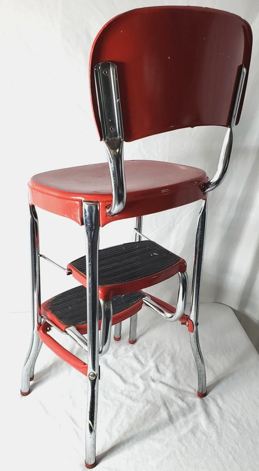 Vintage Stylaire Red Metal Fold Out Step Stool Chair Chrome Legs Pick-Up Only - Image 4 of 4