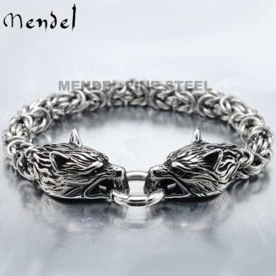 MENDEL 6-8 inch Mens Stainless Steel Norse Viking Fenrir Wolf Head Bracelet Men